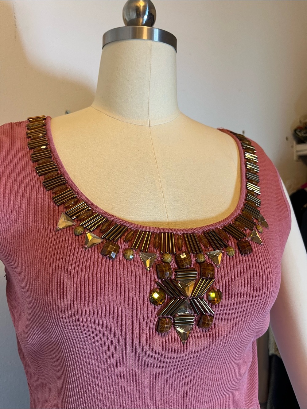 Lark Lane Embellished Rose-Pink Ribbed Tank